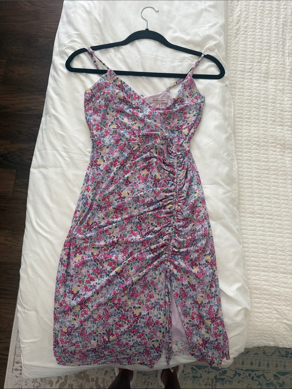 BCBGeneration Pink Floral Ruched Midi Slip Dress